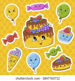 Set of stickers with cute cartoon characters. Happy birthday theme. Hand drawn. Colorful pack. Vector illustration. Patch badges collection. Label design elements. For daily planner, diary, organizer.