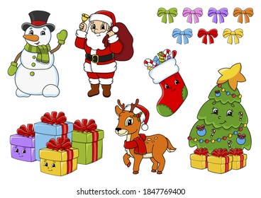Set of stickers with cute cartoon characters. Christmas theme. Hand drawn. Colorful pack. Vector illustration. Patch badges collection. Label design elements. For daily planner, diary, organizer.