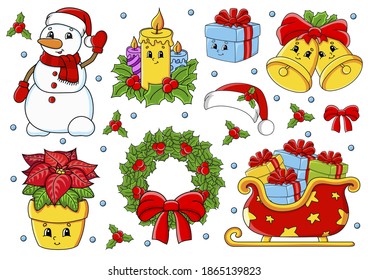 Set of stickers with cute cartoon characters. Christmas theme. Hand drawn. Colorful pack. Vector illustration. Patch badges collection. Label design elements. For daily planner, diary, organizer.