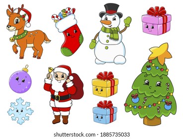 Set of stickers with cute cartoon characters. Christmas theme. Hand drawn. Colorful pack. Vector illustration. Patch badges collection. Label design elements. For daily planner, diary, organizer.