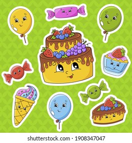 Set of stickers with cute cartoon characters. Happy birthday theme. Hand drawn. Colorful pack. Vector illustration. Patch badges collection. Label design elements. For daily planner, diary, organizer.