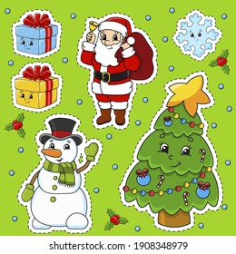 Set of stickers with cute cartoon characters. Christmas theme. Hand drawn. Colorful pack. Vector illustration. Patch badges collection. Label design elements. For daily planner, diary, organizer.