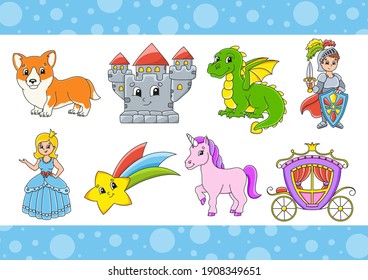 Set of stickers with cute cartoon characters. Fantasy clipart. Hand drawn. Colorful pack. Vector illustration. Patch badges collection for kids. For daily planner, organizer, diary.