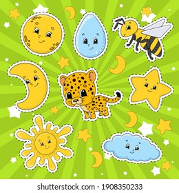 Set of stickers with cute cartoon characters. Cute clipart. Hand drawn. Colorful pack. Vector illustration. Patch badges collection. Label design elements. For daily planner, diary, organizer.