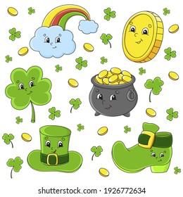 Set of stickers with cute cartoon characters. St. Patrick's Day. Hand drawn. Colorful pack. Vector illustration. Patch badges collection for kids. For daily planner, organizer, diary.