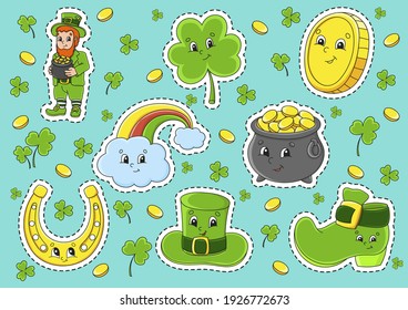 Set of stickers with cute cartoon characters. St. Patrick's Day. Hand drawn. Colorful pack. Vector illustration. Patch badges collection. Label design elements. For daily planner, diary, organizer.