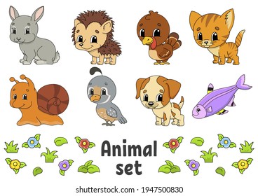 Set of stickers with cute cartoon characters. Animal clipart. Hand drawn. Colorful pack. Vector illustration. Patch badges collection. Label design elements. For daily planner, organizer, diary.