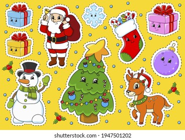 Set of stickers with cute cartoon characters. Christmas theme. Hand drawn. Colorful pack. Vector illustration. Patch badges collection. Label design elements. For daily planner, diary, organizer.