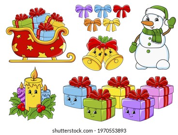 Set of stickers with cute cartoon characters. Christmas theme. Hand drawn. Colorful pack. Vector illustration. Patch badges collection. Label design elements. For daily planner, diary, organizer.