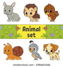 Set of stickers with cute cartoon characters. Animal clipart. Hand drawn. Colorful pack. Vector illustration. Patch badges collection. Label design elements. For daily planner, organizer, diary.