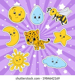 Set of stickers with cute cartoon characters. Cute clipart. Hand drawn. Colorful pack. Vector illustration. Patch badges collection. Label design elements. For daily planner, diary, organizer.