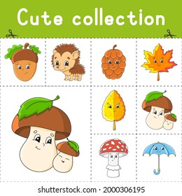 Set of stickers with cute cartoon characters. Autumn clipart. Hand drawn. Colorful pack. Vector illustration. Patch badges collection. Label design elements. For daily planner, diary, organizer.