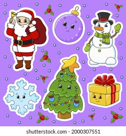 Set of stickers with cute cartoon characters. Christmas theme. Hand drawn. Colorful pack. Vector illustration. Patch badges collection. Label design elements. For daily planner, diary, organizer.