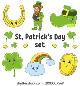 Set of stickers with cute cartoon characters. St. Patrick's Day. Hand drawn. Colorful pack. Vector illustration. Patch badges collection for kids. For daily planner, organizer, diary.