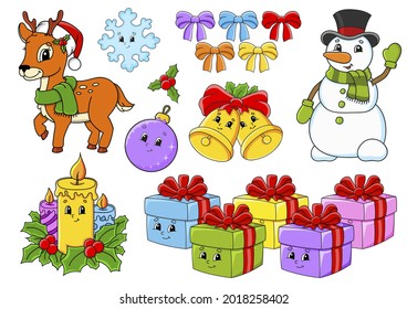 Set of stickers with cute cartoon characters. Christmas theme. Hand drawn. Colorful pack. Vector illustration. Patch badges collection. Label design elements. For daily planner, diary, organizer.