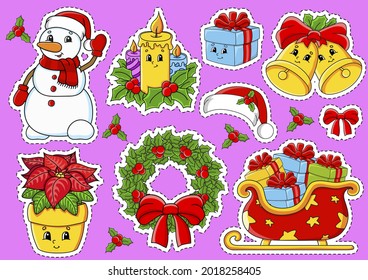 Set of stickers with cute cartoon characters. Christmas theme. Hand drawn. Colorful pack. Vector illustration. Patch badges collection. Label design elements. For daily planner, diary, organizer.