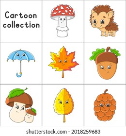Set of stickers with cute cartoon characters. Autumn clipart. Hand drawn. Colorful pack. Vector illustration. Patch badges collection. Label design elements. For daily planner, diary, organizer.