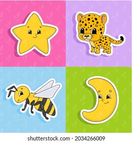 Set of stickers with cute cartoon characters. Cute clipart. Hand drawn. Colorful pack. Vector illustration. Patch badges collection. Label design elements. For daily planner, diary, organizer.