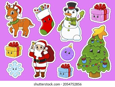 Set of stickers with cute cartoon characters. Christmas theme. Hand drawn. Colorful pack. Vector illustration. Patch badges collection. Label design elements. For daily planner, diary, organizer.