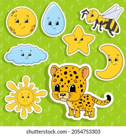 Set of stickers with cute cartoon characters. Cute clipart. Hand drawn. Colorful pack. Vector illustration. Patch badges collection. Label design elements. For daily planner, diary, organizer.