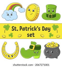 Conjunto de stickers con personajes lindos de dibujos animados. Día de San Patricio. Dibujado a mano. Envase colorido. Ilustración vectorial. Colección de insignias de parche para niños. Para planificador diario, organizador, diario.