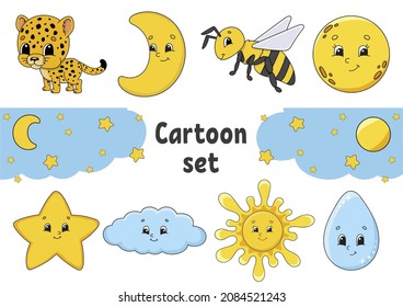 Set of stickers with cute cartoon characters. Hand drawn. Colorful pack. Vector illustration. Patch badges collection for kids. For daily planner, organizer, diary.