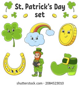 Set of stickers with cute cartoon characters. St. Patrick's Day. Hand drawn. Colorful pack. Vector illustration. Patch badges collection for kids. For daily planner, organizer, diary.