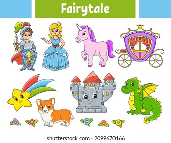 Set of stickers with cute cartoon characters. Fantasy clipart. Hand drawn. Colorful pack. Vector illustration. Patch badges collection for kids. For daily planner, organizer, diary.