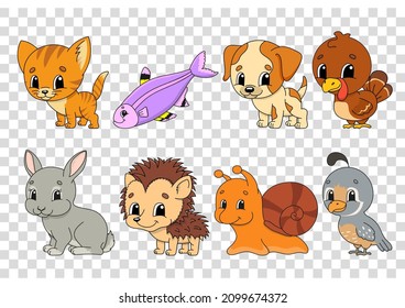 Set of stickers with cute cartoon characters. Animal clipart. Colorful pack. Vector illustration. Patch badges collection for kids. For daily planner, organizer, diary.