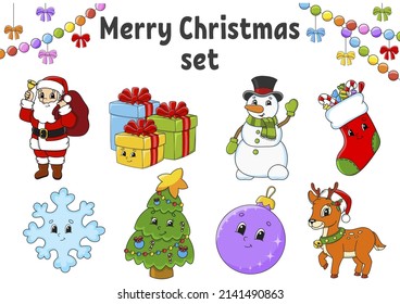 Set of stickers with cute cartoon characters. Christmas theme. Hand drawn. Colorful pack. Vector illustration. Patch badges collection. Label design elements. For daily planner, diary, organizer.