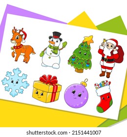 Set of stickers with cute cartoon characters. Winter clipart. Christmas theme. Colorful pack. Vector illustration. Patch badges collection for kids. For daily planner, organizer, diary.