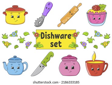 Set of stickers with cute cartoon characters. Hand drawn. Colorful pack. Vector illustration. Dishware theme. Patch badges collection for kids. For daily planner, organizer, diary.