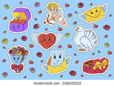 Set of stickers with cute cartoon characters. Valentine's Day clipart. Hand drawn. Colorful pack. Vector illustration. Patch badges collection. Label design elements. For daily planner, diary.