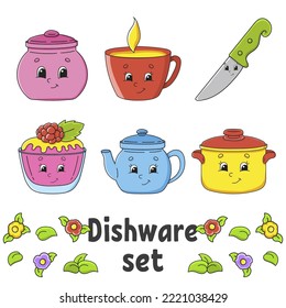 Set of stickers with cute cartoon characters. Hand drawn. Colorful pack. Vector illustration. Dishware theme. Patch badges collection for kids. For daily planner, organizer, diary.