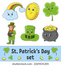 Set of stickers with cute cartoon characters. St. Patrick's Day. Hand drawn. Colorful pack. Vector illustration. Patch badges collection for kids. For daily planner, organizer, diary.