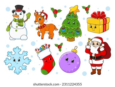 Set of stickers with cute cartoon characters. Winter clipart. Hand drawn. Colorful pack. . Patch badges collection for kids. For daily planner, organizer, diary.