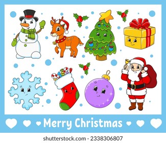 Set of stickers with cute cartoon characters. Winter clipart. Hand drawn. Colorful pack. Vector illustration. Patch badges collection for kids. For daily planner, organizer, diary.