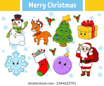 Set of stickers with cute cartoon characters. Winter clipart. Hand drawn. Colorful pack. Vector illustration. Patch badges collection for kids. For daily planner, organizer, diary.