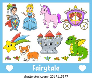 Set of stickers with cute cartoon characters. Fantasy clipart. Hand drawn. Colorful pack. Vector illustration. Patch badges collection for kids. For daily planner, organizer, diary.