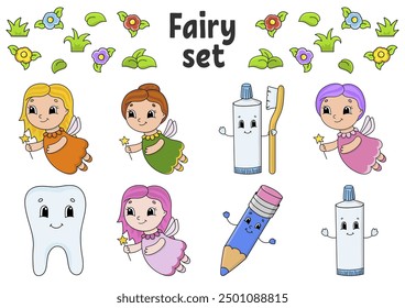 Set of stickers with cute cartoon characters. Hand drawn. Colorful pack. Patch badges collection for kids. For daily planner, organizer, diary. Vector illustration.