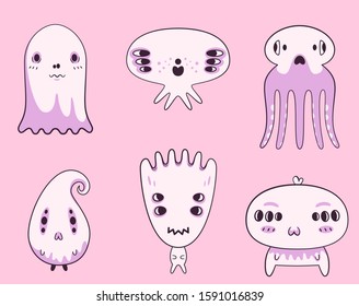 Set of stickers with cute cartoon creatures