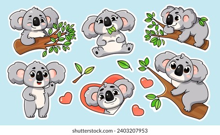 A set of stickers with a cute cartoon koala character.