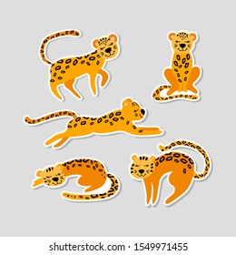 Set of stickers with cute cartoon leopards in different situations. Flat vector illustration.