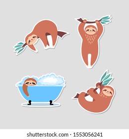 Set of stickers with cute cartoon sloths in different poses and situations. Flat vector illustration.