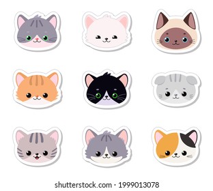 Set of stickers of cute cat faces on white background. Cartoon flat style. Vector illustration