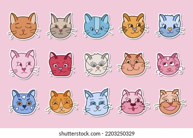 Set of stickers with cute cat faces for planner, notebook. Ready for print list of trendy stickers. Beautiful kitten with different emotions. Sad cat. Smiley face. Funny isolated vector illustration