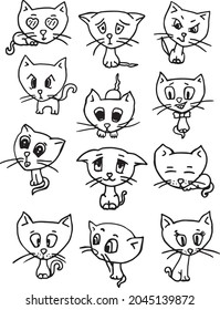 Set of stickers with cute cats. Different emotions and face expressions. Vector illustrations.
