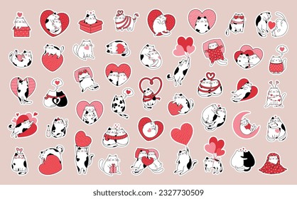 Set of stickers with cute cats in love. Hand drawn collection badges with funny kittens. Vector design concept for Valentine's day. Character illustration cartoon style.