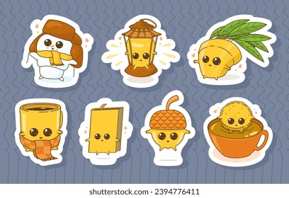 A set of stickers with cute characters: a book, an acorn, a snowman, a lantern, a houseplant, a mug and a cookie in a cup.	