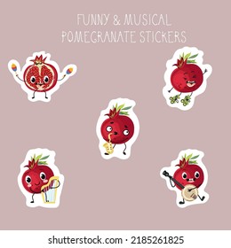 Set of stickers cute characters, funny pomegranate fruits with musical instruments. Summer time, summer mood, summer vibes. Vector illustration.